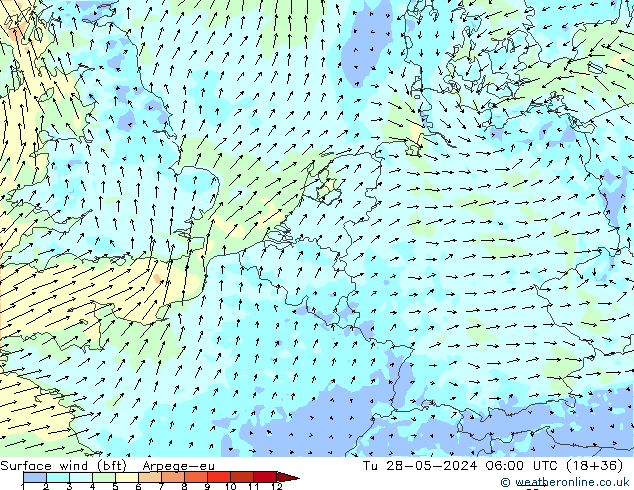 Vento 10 m (bft) Arpege-eu Ter 28.05.2024 06 UTC