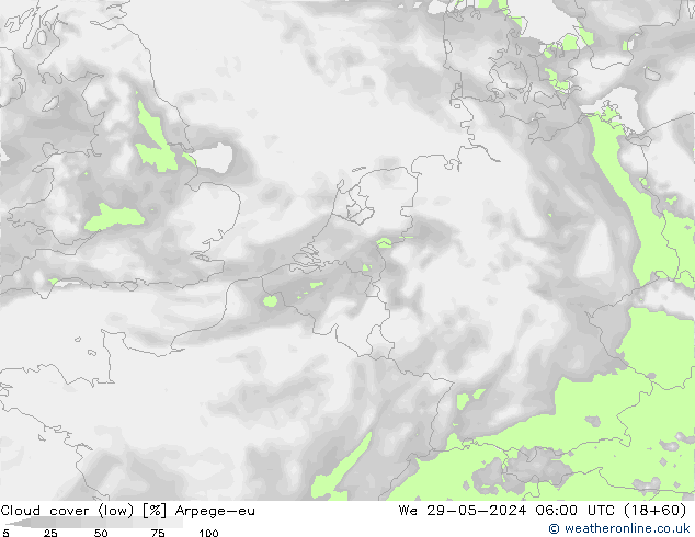 Cloud cover (low) Arpege-eu We 29.05.2024 06 UTC