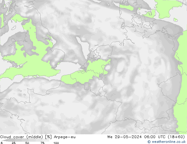 Cloud cover (middle) Arpege-eu We 29.05.2024 06 UTC