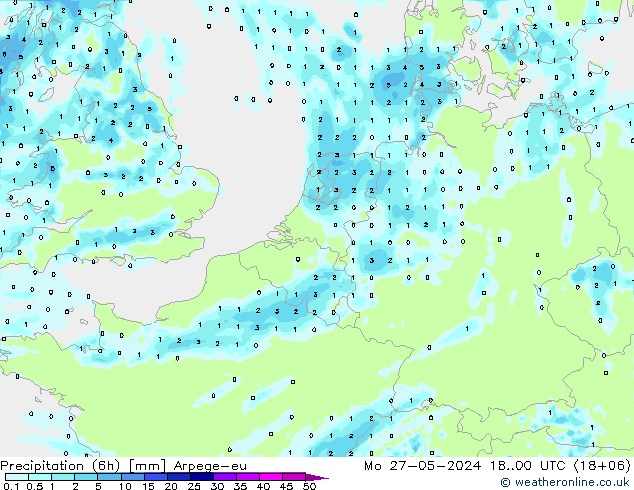 Precipitation (6h) Arpege-eu Mo 27.05.2024 00 UTC