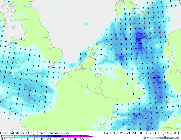 Totale neerslag (6h) Arpege-eu di 28.05.2024 06 UTC
