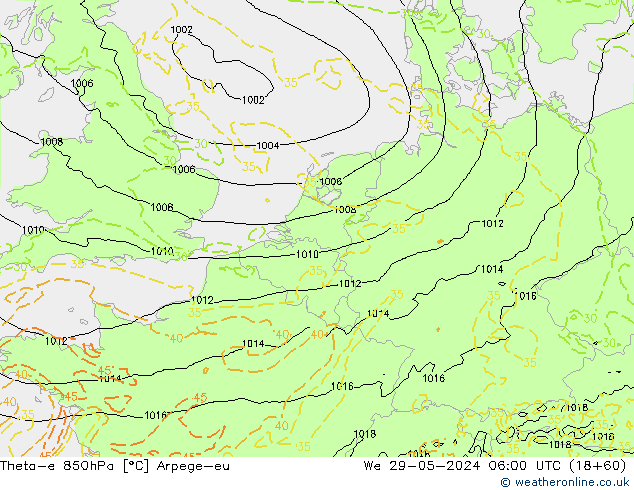 Theta-e 850hPa Arpege-eu śro. 29.05.2024 06 UTC