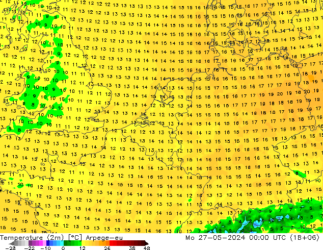 Sıcaklık Haritası (2m) Arpege-eu Pzt 27.05.2024 00 UTC