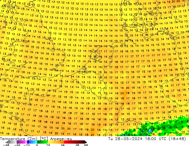 Temperaturkarte (2m) Arpege-eu Di 28.05.2024 18 UTC