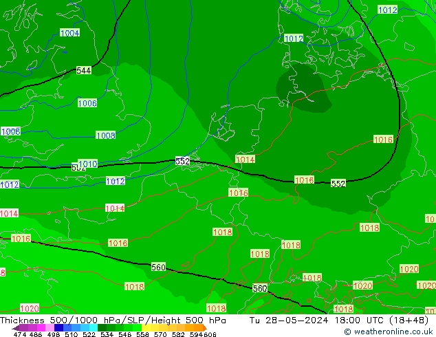 Espesor 500-1000 hPa Arpege-eu mar 28.05.2024 18 UTC