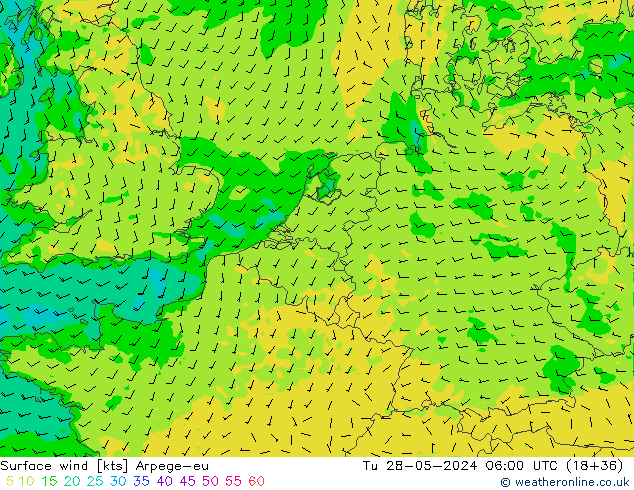 Surface wind Arpege-eu Tu 28.05.2024 06 UTC