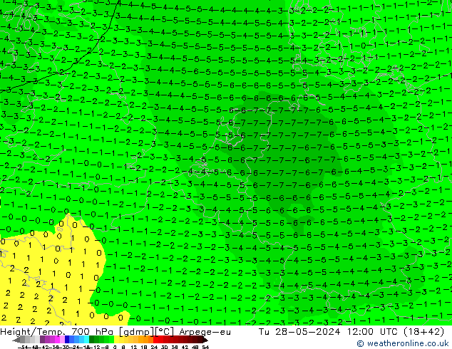 Height/Temp. 700 hPa Arpege-eu wto. 28.05.2024 12 UTC