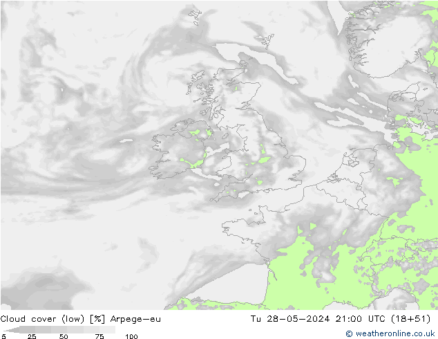 Cloud cover (low) Arpege-eu Tu 28.05.2024 21 UTC