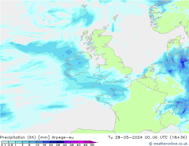 осадки (6h) Arpege-eu вт 28.05.2024 06 UTC