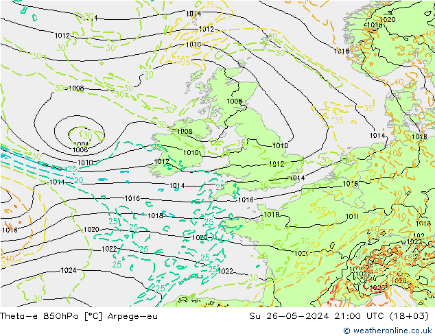 Theta-e 850hPa Arpege-eu Su 26.05.2024 21 UTC