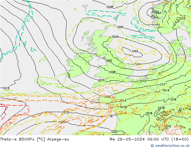 Theta-e 850hPa Arpege-eu We 29.05.2024 06 UTC