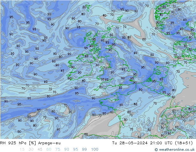 RH 925 hPa Arpege-eu Tu 28.05.2024 21 UTC