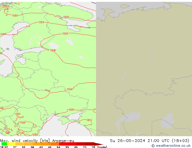 Max. wind velocity Arpege-eu nie. 26.05.2024 21 UTC