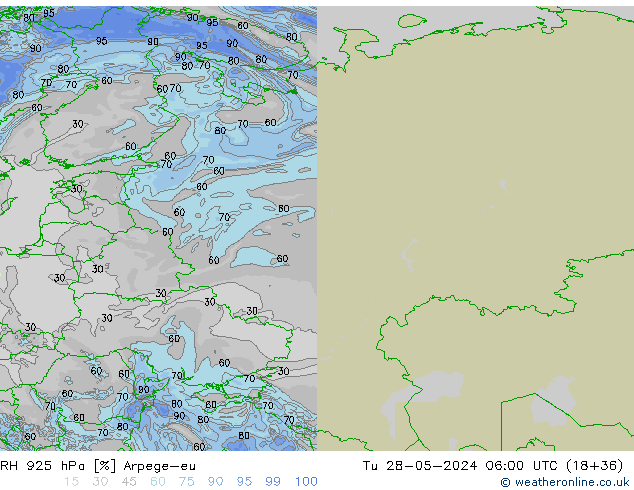 Humedad rel. 925hPa Arpege-eu mar 28.05.2024 06 UTC
