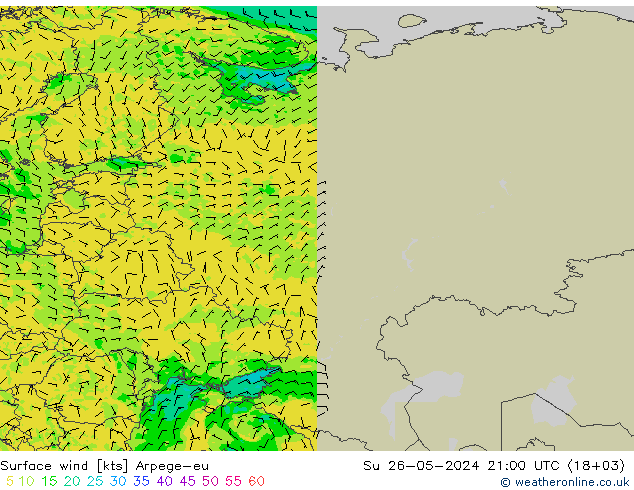 Vento 10 m Arpege-eu dom 26.05.2024 21 UTC