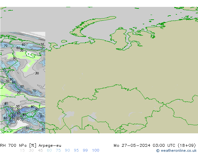 Humidité rel. 700 hPa Arpege-eu lun 27.05.2024 03 UTC