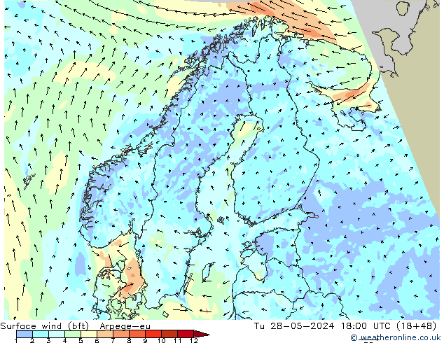 Surface wind (bft) Arpege-eu Tu 28.05.2024 18 UTC