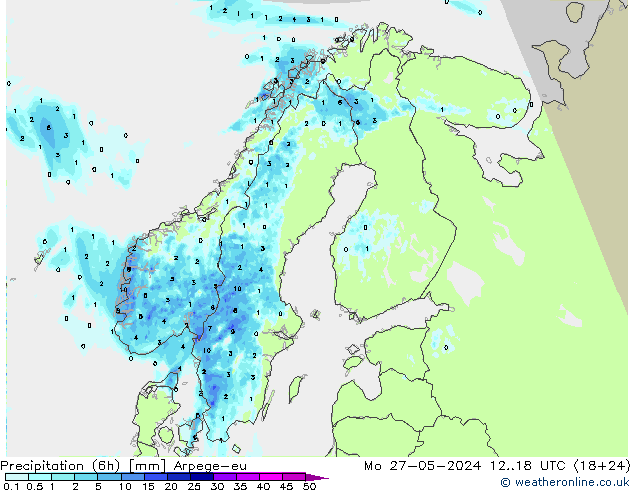 Precipitation (6h) Arpege-eu Mo 27.05.2024 18 UTC