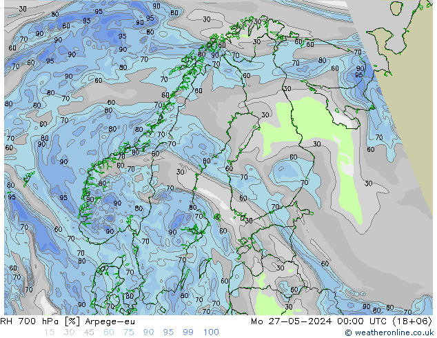 RH 700 hPa Arpege-eu Mo 27.05.2024 00 UTC