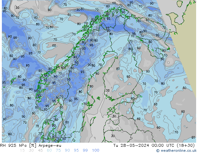 Humidité rel. 925 hPa Arpege-eu mar 28.05.2024 00 UTC