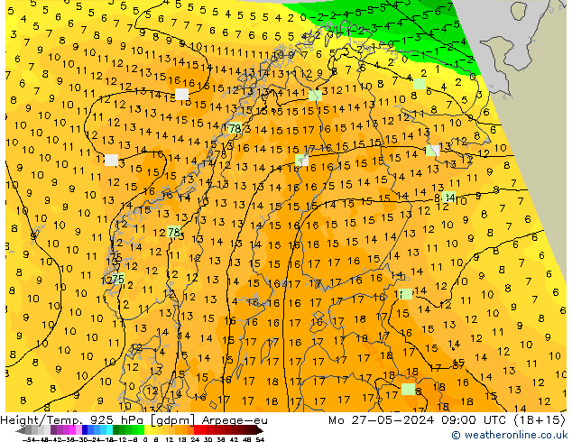 Géop./Temp. 925 hPa Arpege-eu lun 27.05.2024 09 UTC