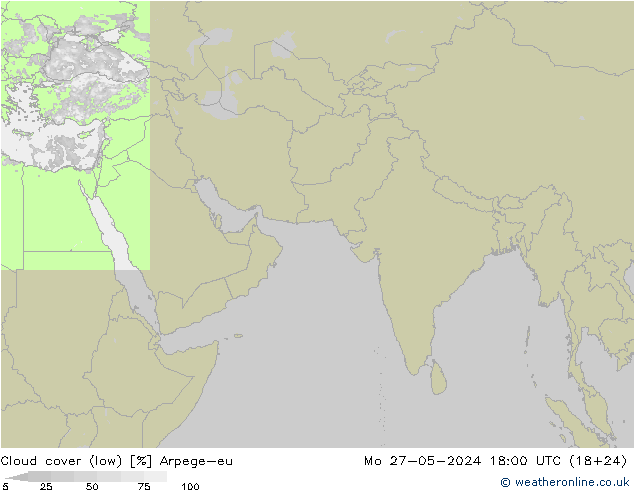 Cloud cover (low) Arpege-eu Mo 27.05.2024 18 UTC