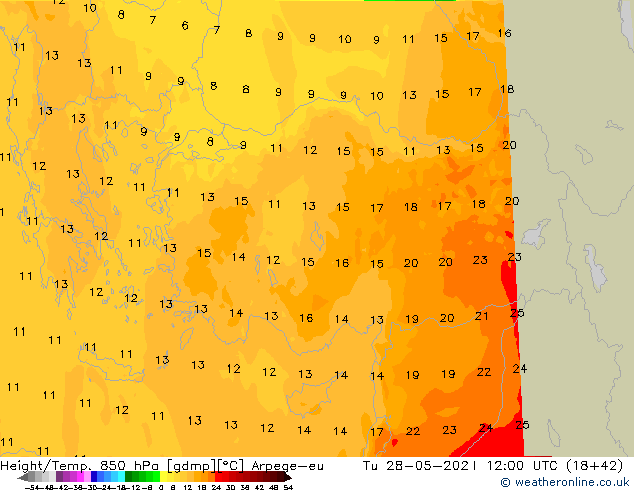 Height/Temp. 850 гПа Arpege-eu вт 28.05.2024 12 UTC