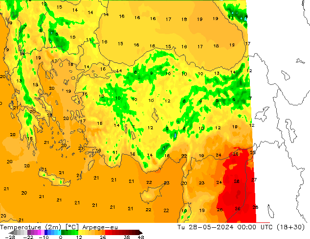 Temperatuurkaart (2m) Arpege-eu di 28.05.2024 00 UTC