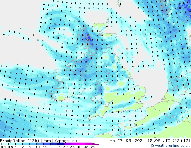 Précipitation (12h) Arpege-eu lun 27.05.2024 06 UTC