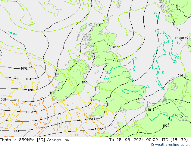 Theta-e 850hPa Arpege-eu Tu 28.05.2024 00 UTC