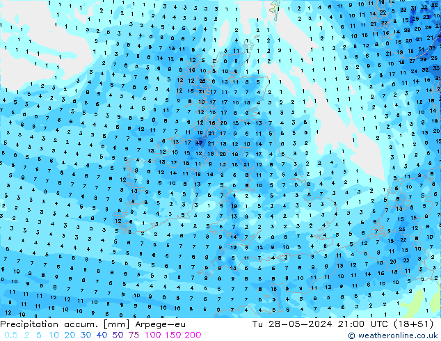 Precipitation accum. Arpege-eu Tu 28.05.2024 21 UTC