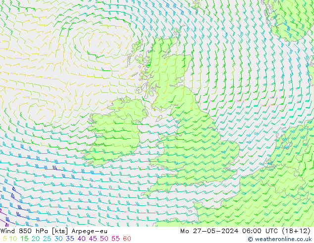 Wind 850 hPa Arpege-eu Mo 27.05.2024 06 UTC