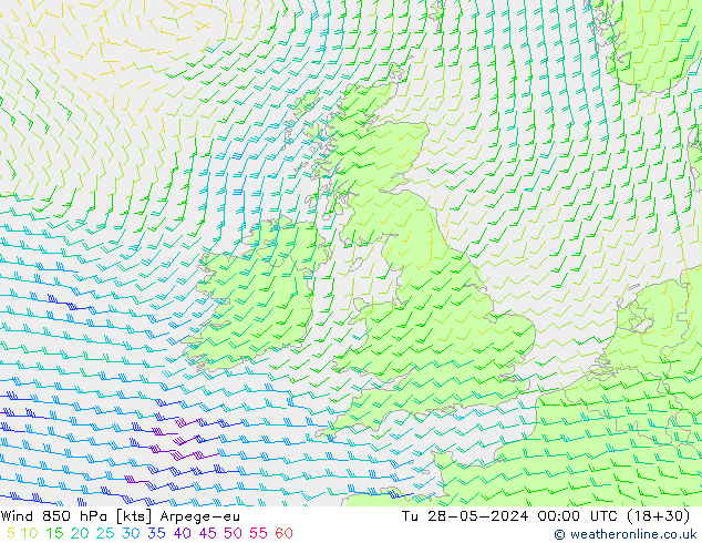 Wind 850 hPa Arpege-eu Út 28.05.2024 00 UTC