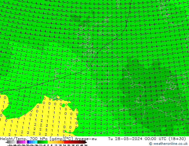 Height/Temp. 700 hPa Arpege-eu Út 28.05.2024 00 UTC