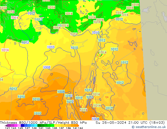 Thck 850-1000 hPa Arpege-eu Su 26.05.2024 21 UTC
