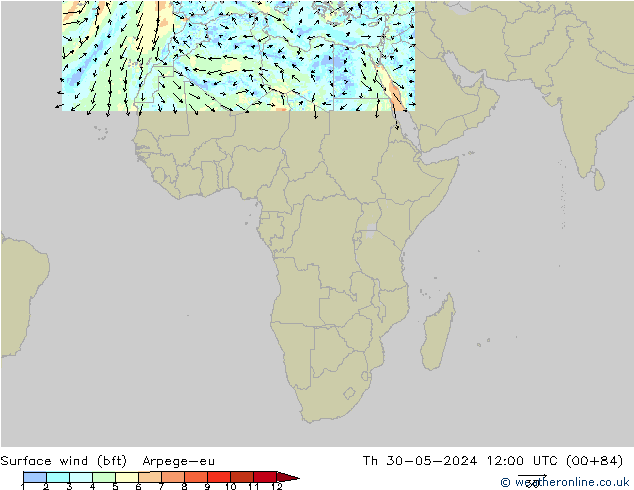 Vent 10 m (bft) Arpege-eu jeu 30.05.2024 12 UTC