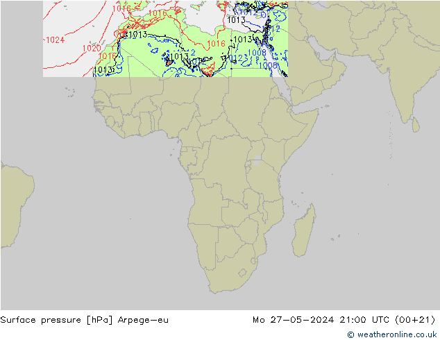 Pressione al suolo Arpege-eu lun 27.05.2024 21 UTC