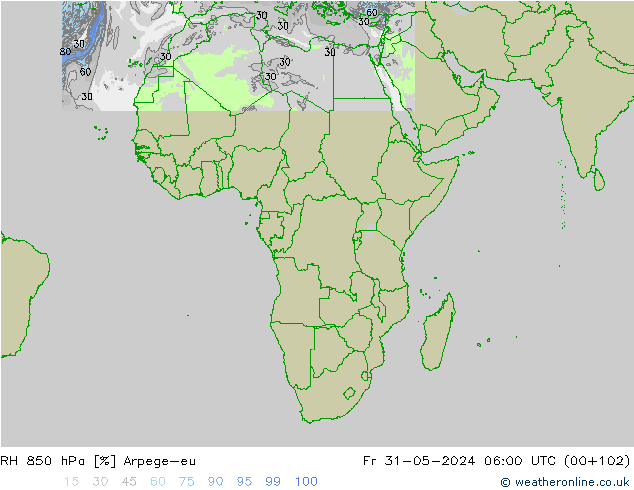 Humidité rel. 850 hPa Arpege-eu ven 31.05.2024 06 UTC