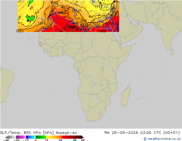 850 hPa Yer Bas./Sıc Arpege-eu Çar 29.05.2024 03 UTC