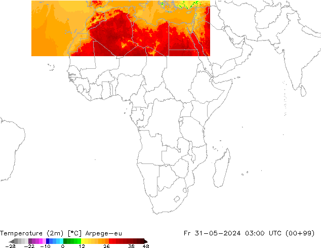 Temperatura (2m) Arpege-eu ven 31.05.2024 03 UTC