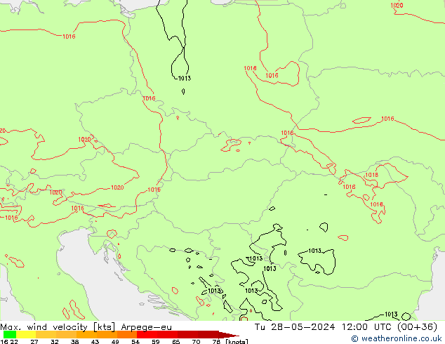 Max. wind velocity Arpege-eu Út 28.05.2024 12 UTC