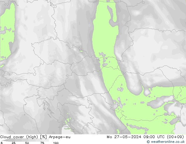 Cloud cover (high) Arpege-eu Mo 27.05.2024 09 UTC