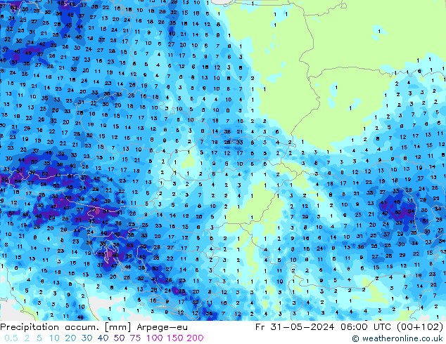 Precipitación acum. Arpege-eu vie 31.05.2024 06 UTC