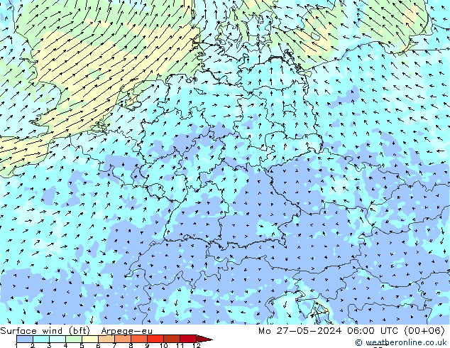 Surface wind (bft) Arpege-eu Mo 27.05.2024 06 UTC