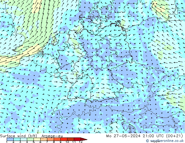 Surface wind (bft) Arpege-eu Po 27.05.2024 21 UTC