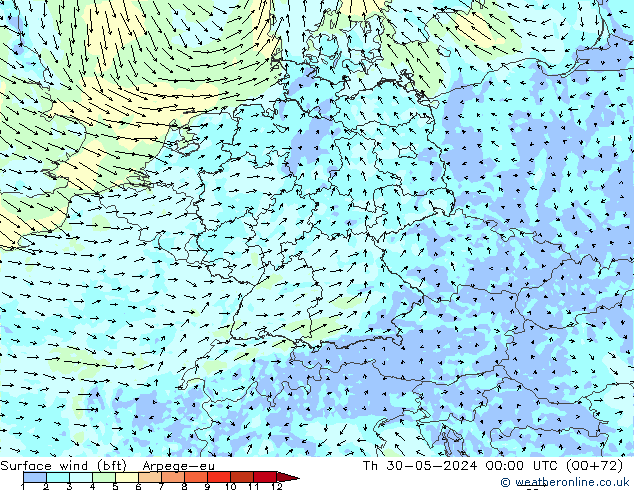 Surface wind (bft) Arpege-eu Th 30.05.2024 00 UTC