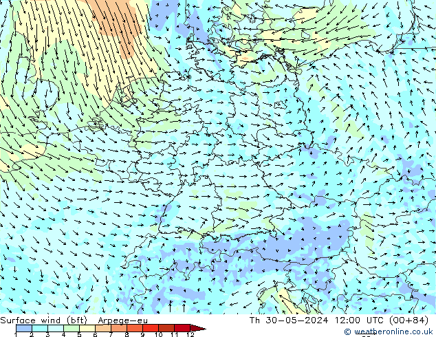 Surface wind (bft) Arpege-eu Th 30.05.2024 12 UTC