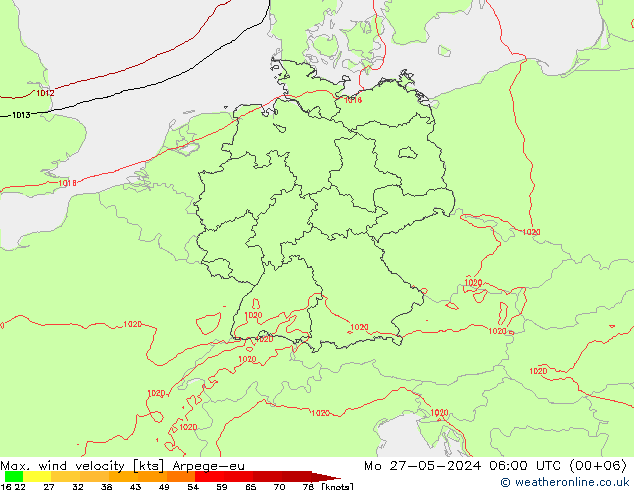 Max. wind velocity Arpege-eu пн 27.05.2024 06 UTC