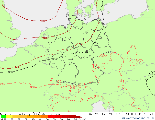 Max. wind velocity Arpege-eu Qua 29.05.2024 09 UTC