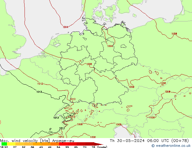 Max. wind velocity Arpege-eu Th 30.05.2024 06 UTC